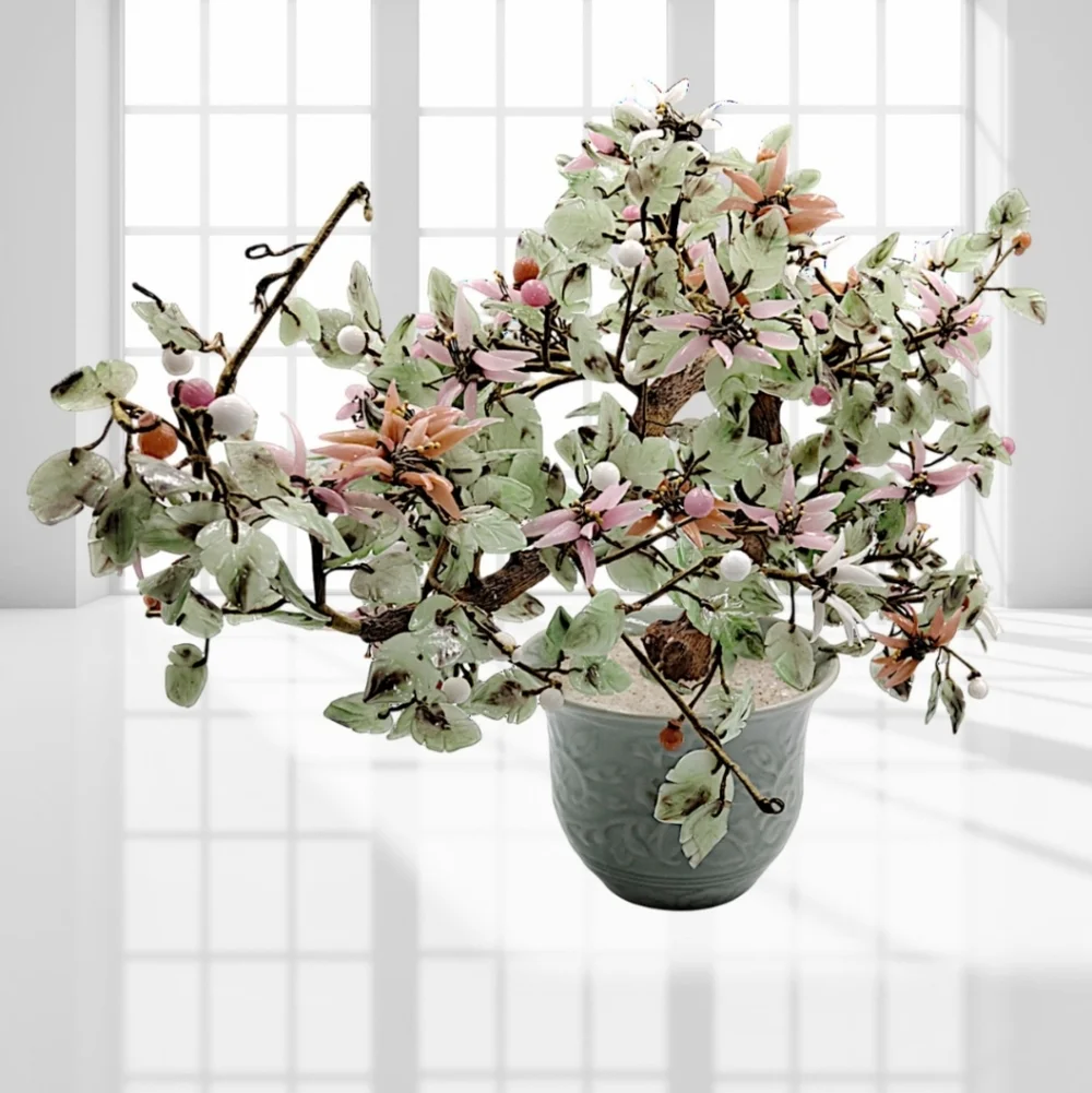 Bonsai Jade Tree Semi-Cascade Style with Pink, White, Salmon Glass